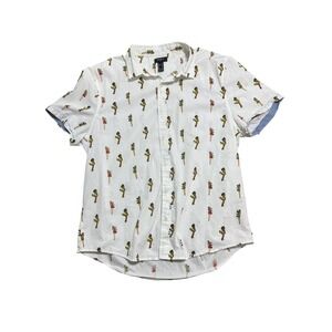 Forever 21 Shirt Mens XL White‎ Short Sleeve Button Down Pin Up Girl Print Retro